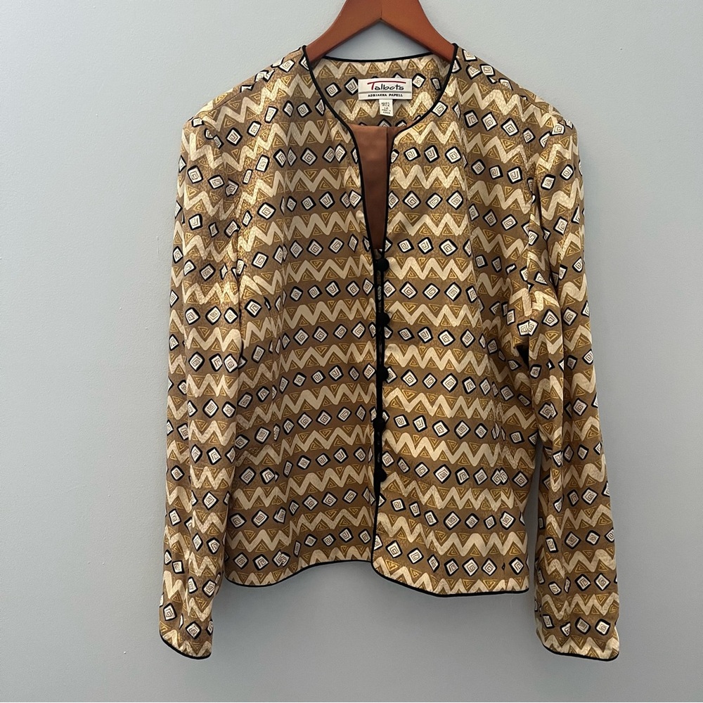 Vintage Talbots Adrianna Papell Silk Jacket Womens 14 Tan Gold Geometric Lined